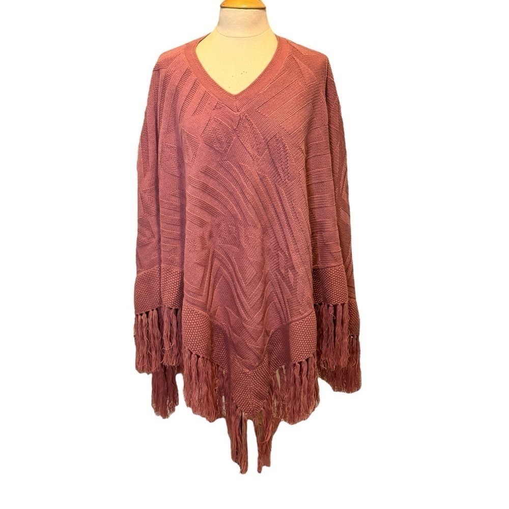 Roaman's Dusty Pink Mauve Knit Poncho sweater with fringe 2X